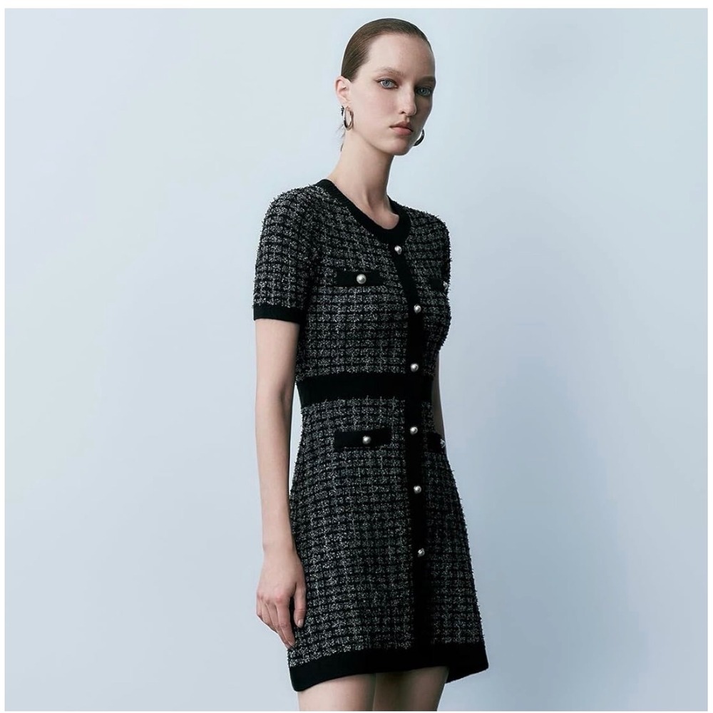 J1 Urban Revivo Tweed Knit Mini Dress Black White Pearl Button Plaid XL US‎ 10